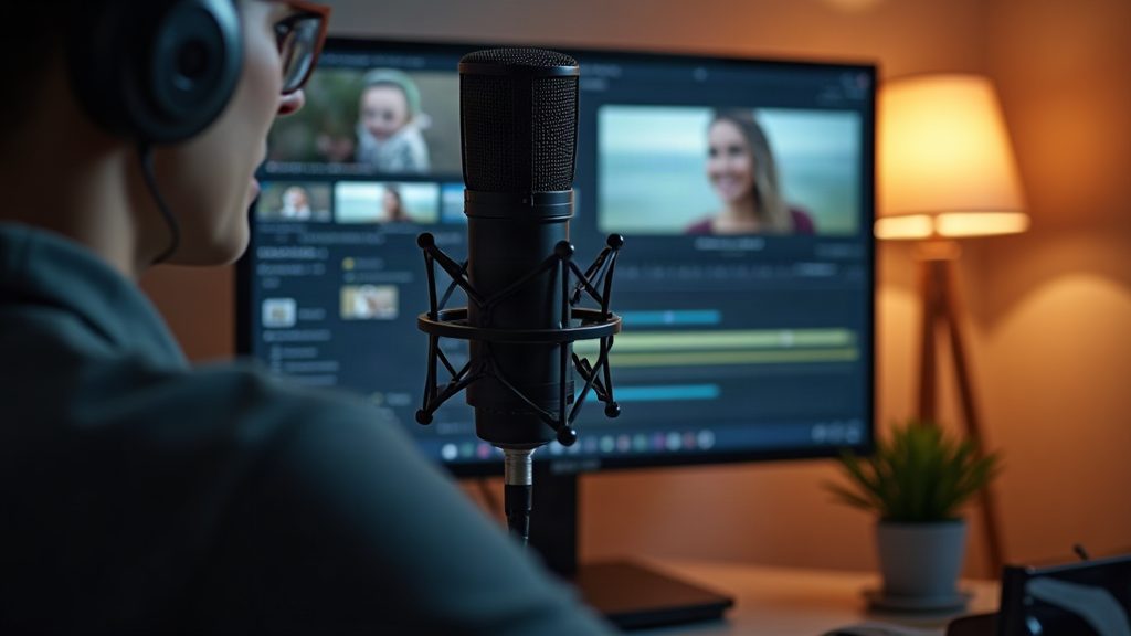 A studio microphone in front of a video editing timeline, recording a voiceover for a video ad