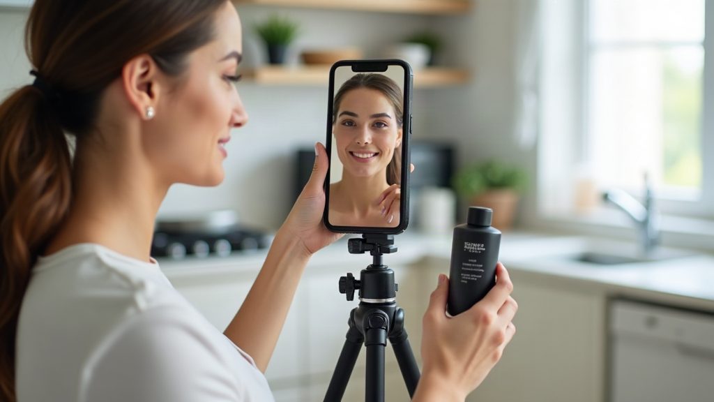 A woman filming a UGC-style video of a skincare product on a phone mounted on a tripod in her kitchen