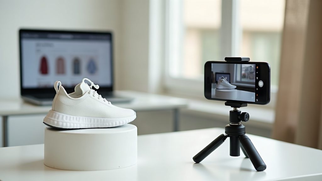 A phone on a tripod filming a sneaker on a pedestal for a product video ad, with an online store open on a laptop