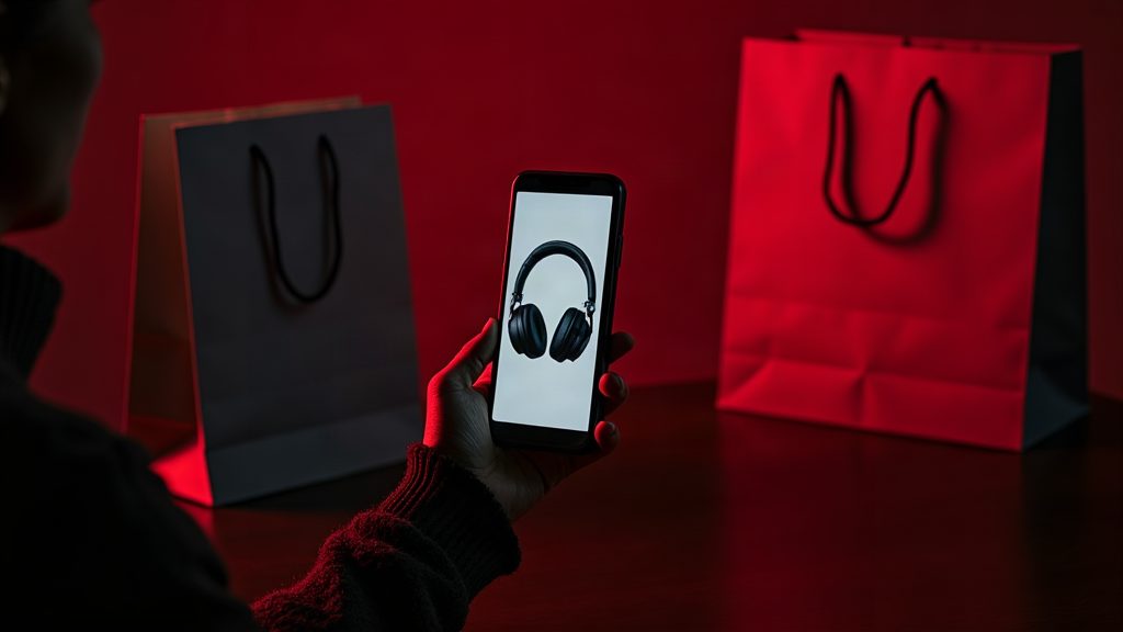 A hand holding a phone that shows a video ad for headphones, with shopping bags under red Black Friday lighting