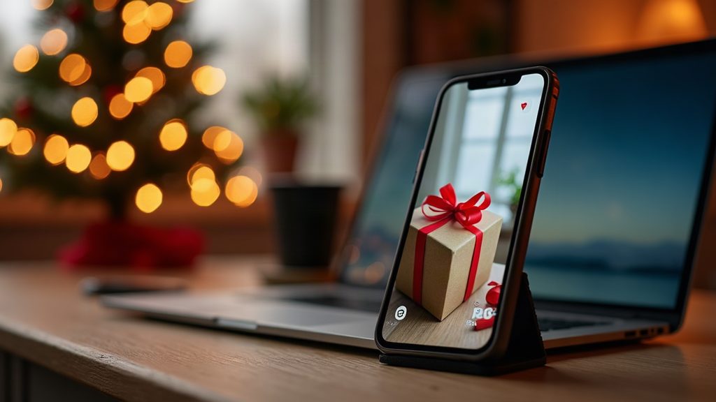A smartphone on a desk showing a vertical video ad of a wrapped gift, with a laptop and christmas lights behind it
